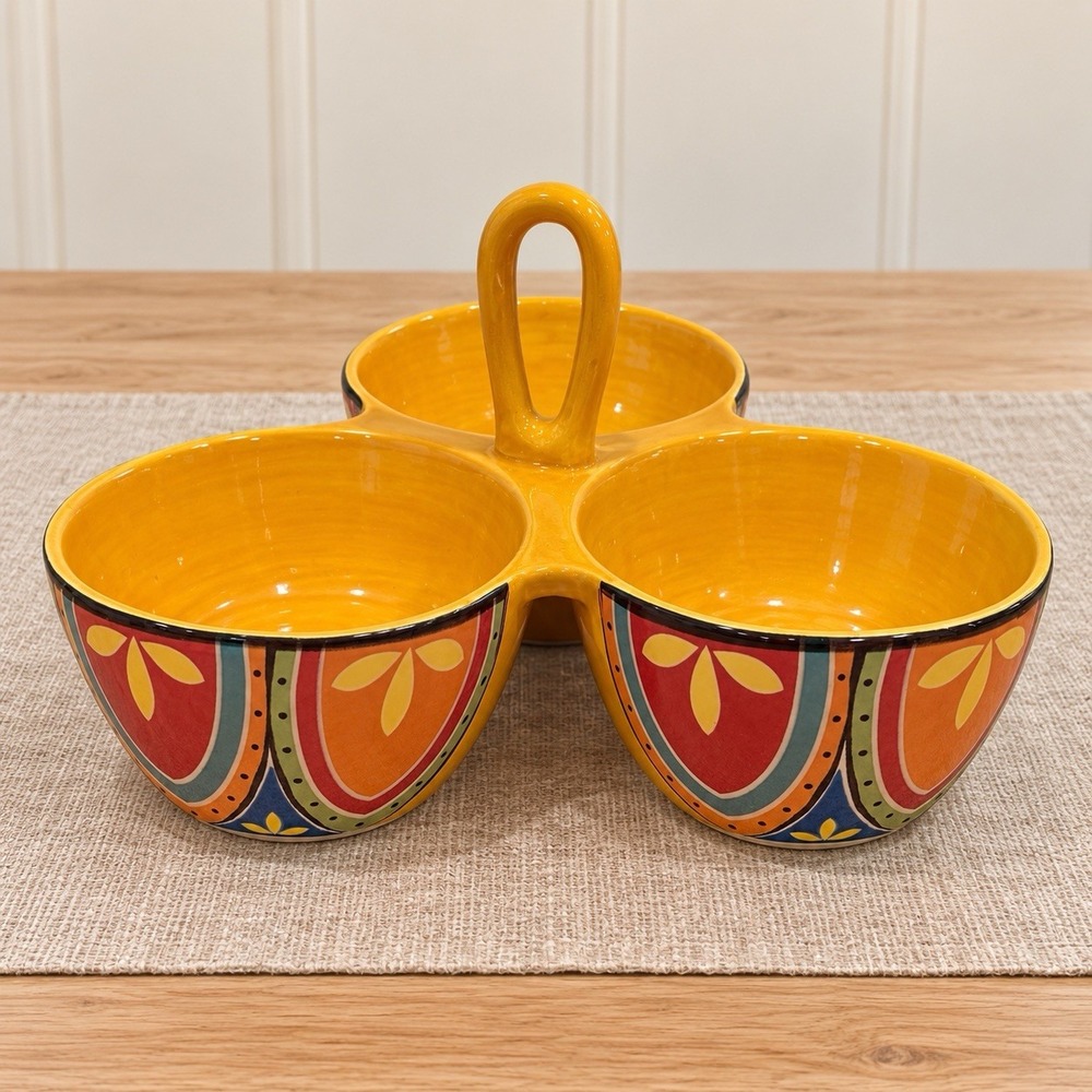 Pier 1 Imports Mexicali Hand Painted Ironstone Chip & Dip Bowl Set Yellow